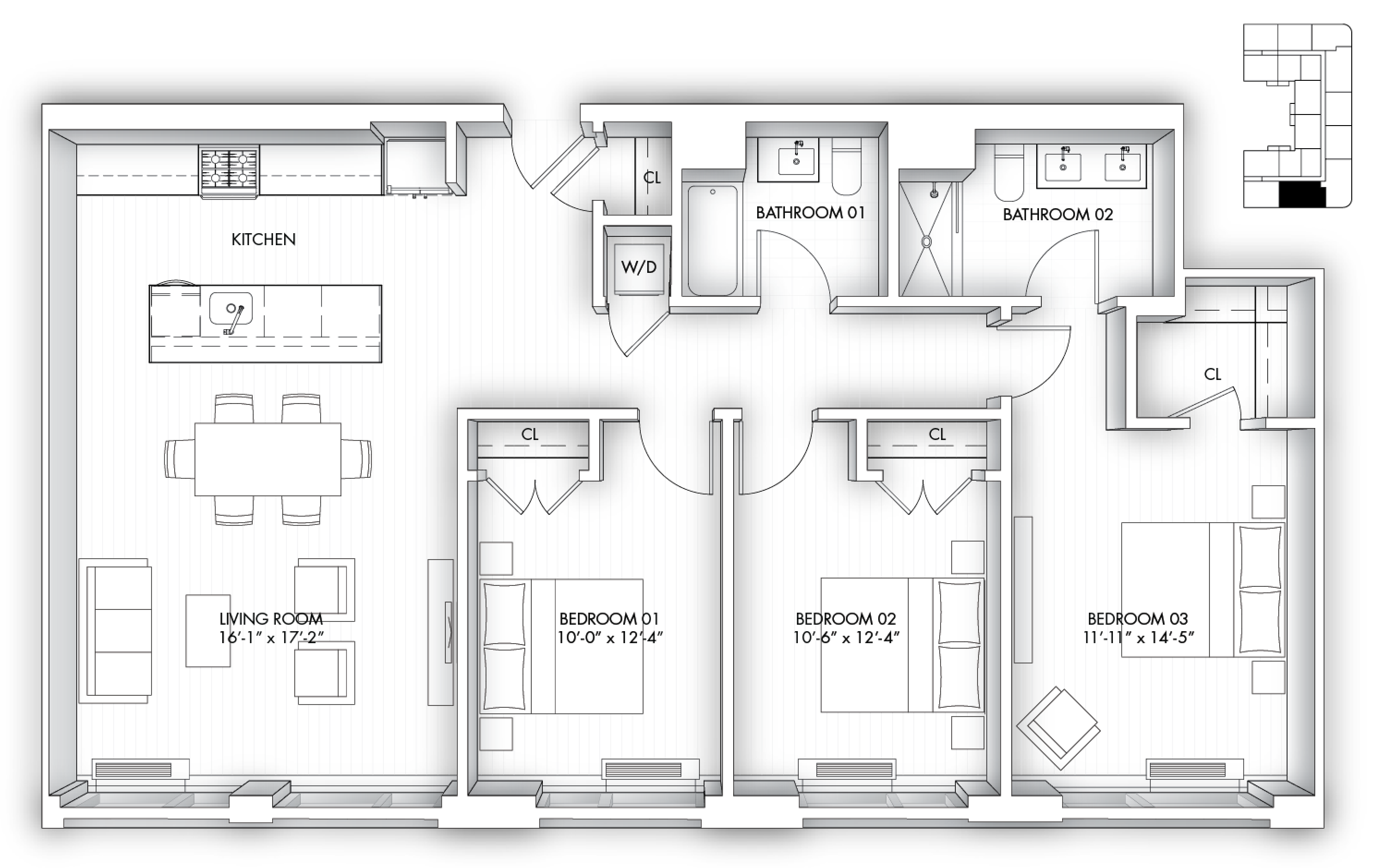 Floor plan for 3 beds, 2 baths, 1393 sqft